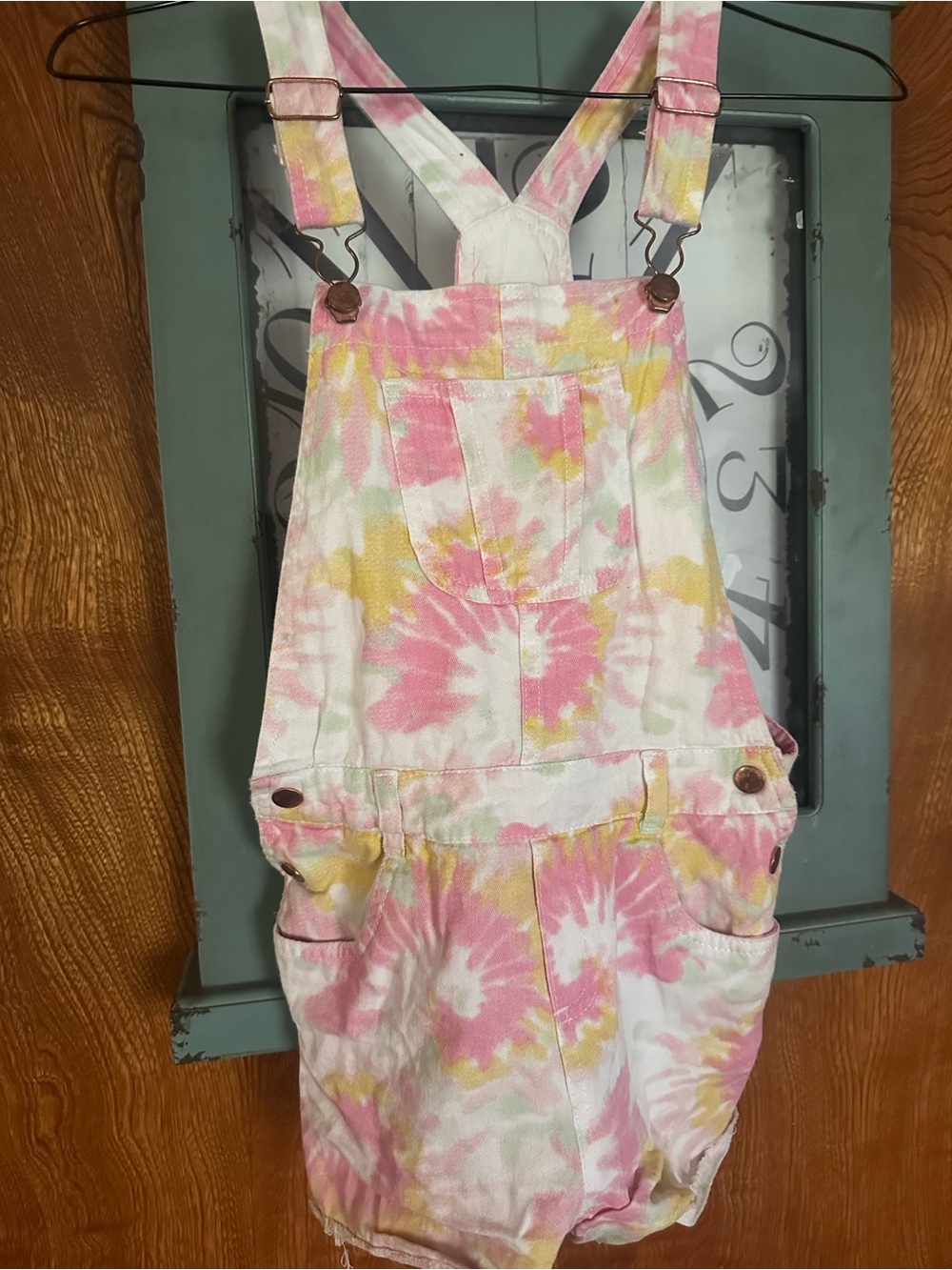 Kensie Pink & Yellow Tie-Dye Overall Shorts